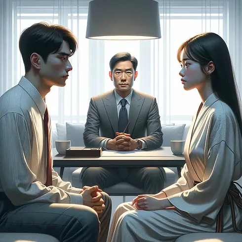 Chinese man and his wife, on the left and right respectively, with less upset expressions