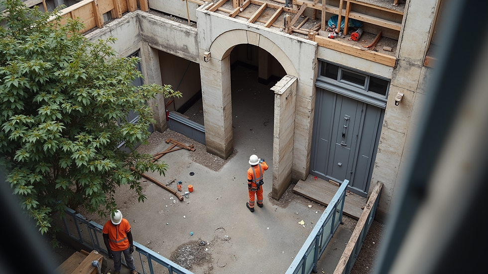 High angle view of a construction site showing refurbishment work on a London townhouse