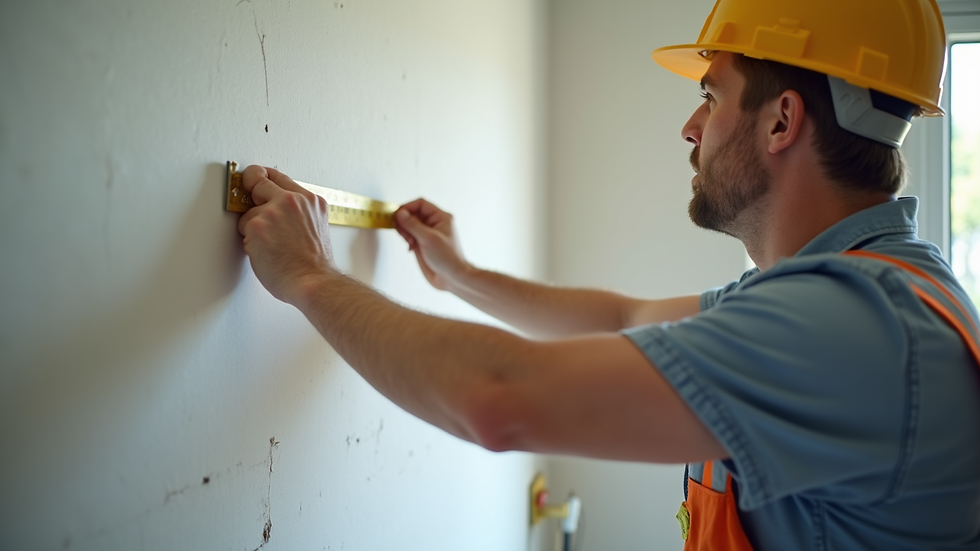 Close-up view of a contractor measuring a wall for renovation