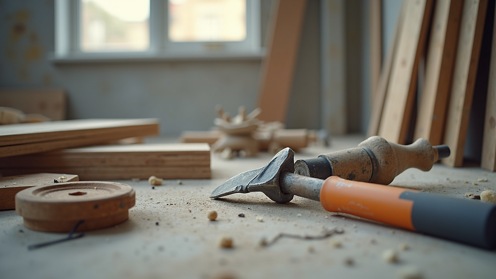 Close-up view of construction materials and tools on a London renovation site