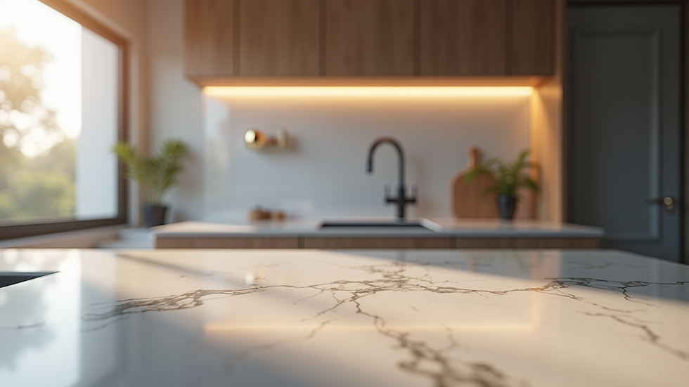 Close-up view of a quartz kitchen countertop with modern lighting fixtures