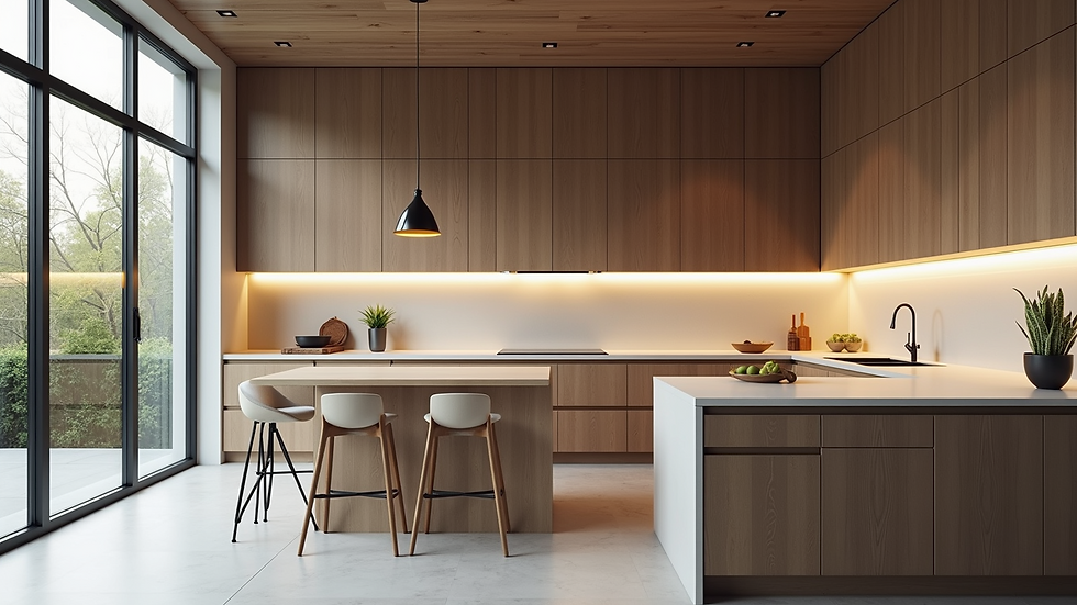 High angle view of a modern kitchen renovation with premium materials