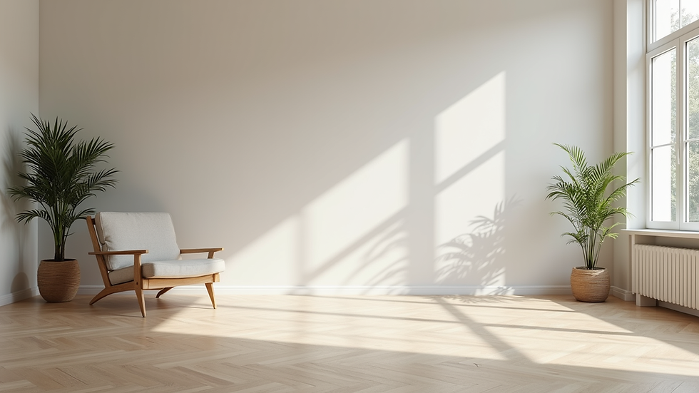 Eye-level view of a modern living room with fresh paint and new flooring