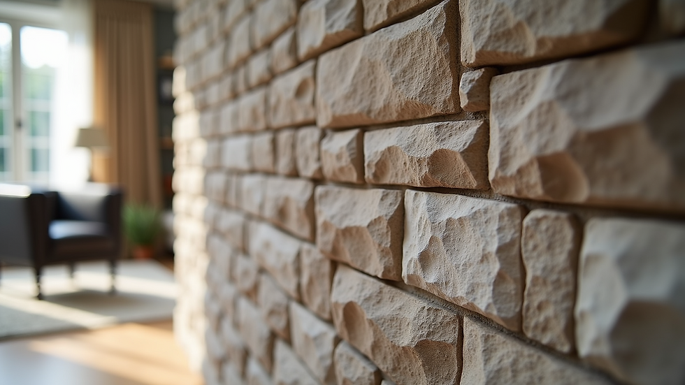 Close-up view of textured stone wall cladding in a living room