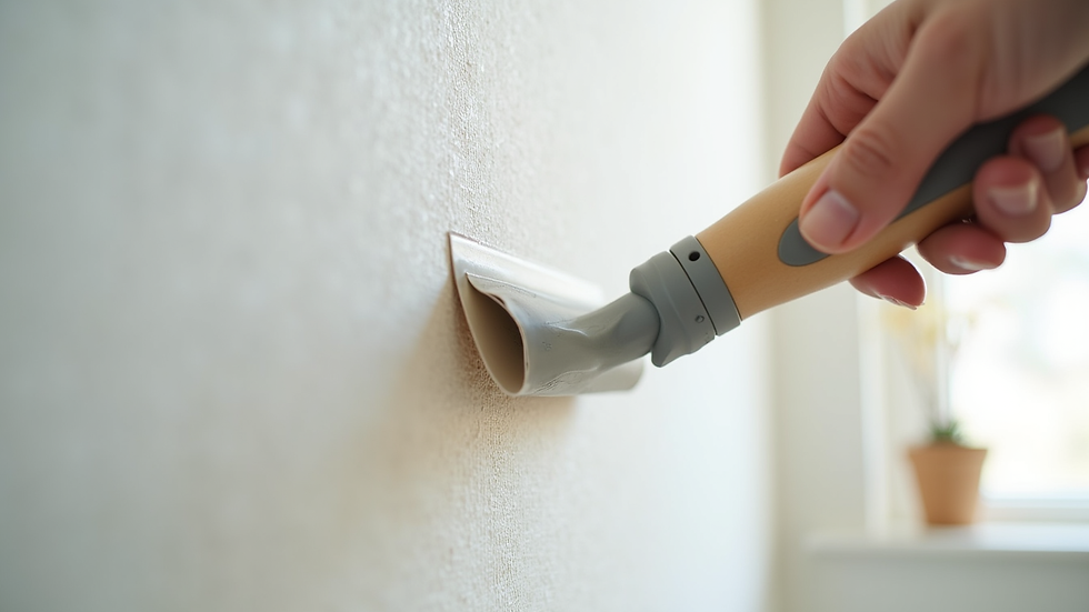 Close-up view of wallpaper being smoothed onto wall with a plastic smoother