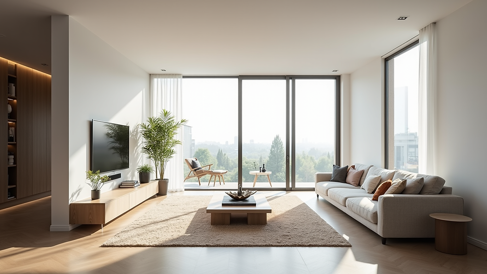 Eye-level view of a spacious living room with minimalist furniture and large windows