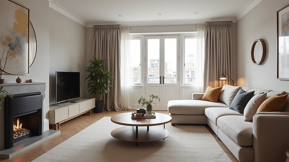 Eye-level view of a modern London flat living room with neutral colours and stylish furniture