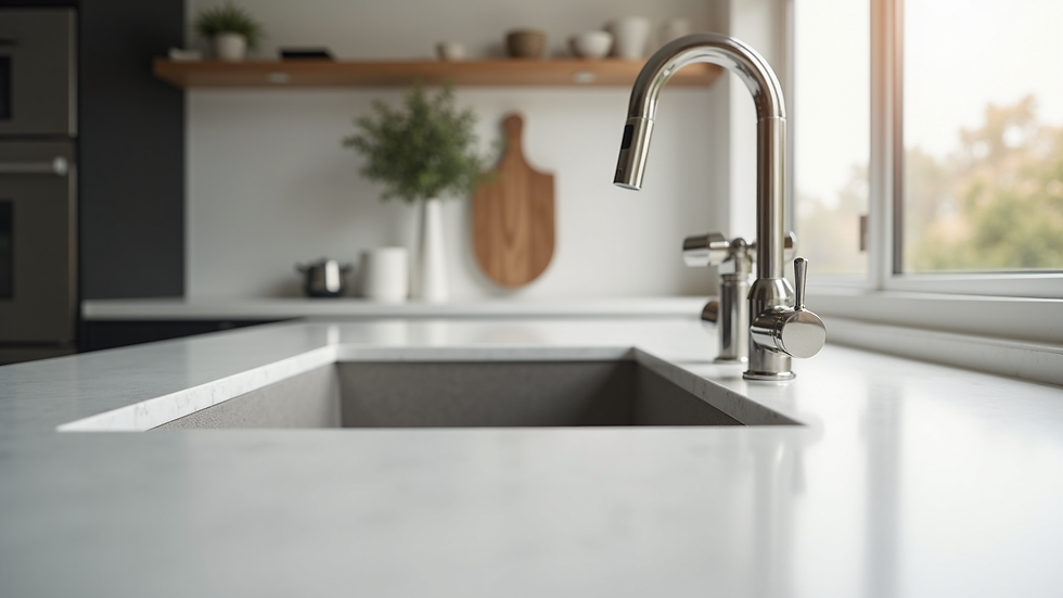 Close-up of durable quartz kitchen countertop with modern sink