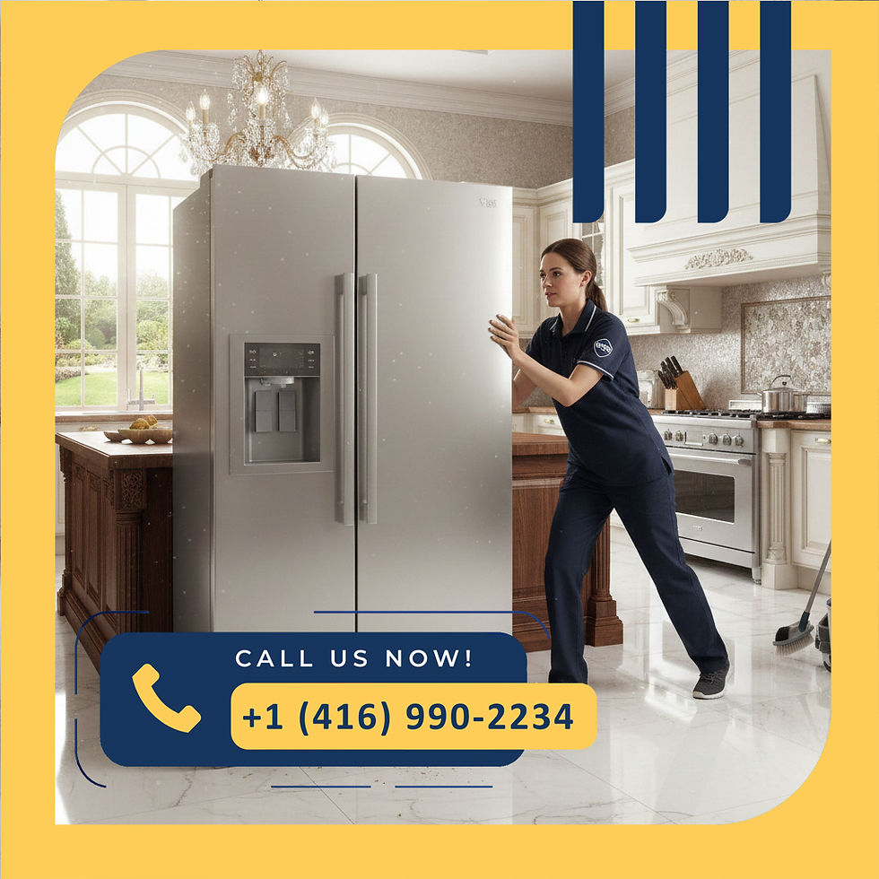 A humorous scene of a cleaner dressed like a superhero pretending to push a huge fridge to show unrealistic cleaning expectations.