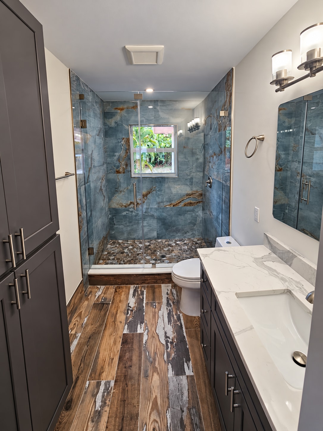 Blue stone shower bathroom
