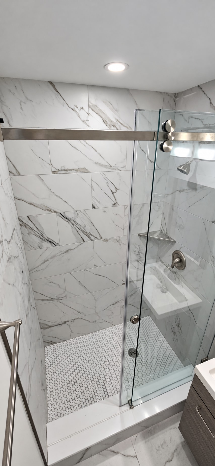 Marble shower & penny tile