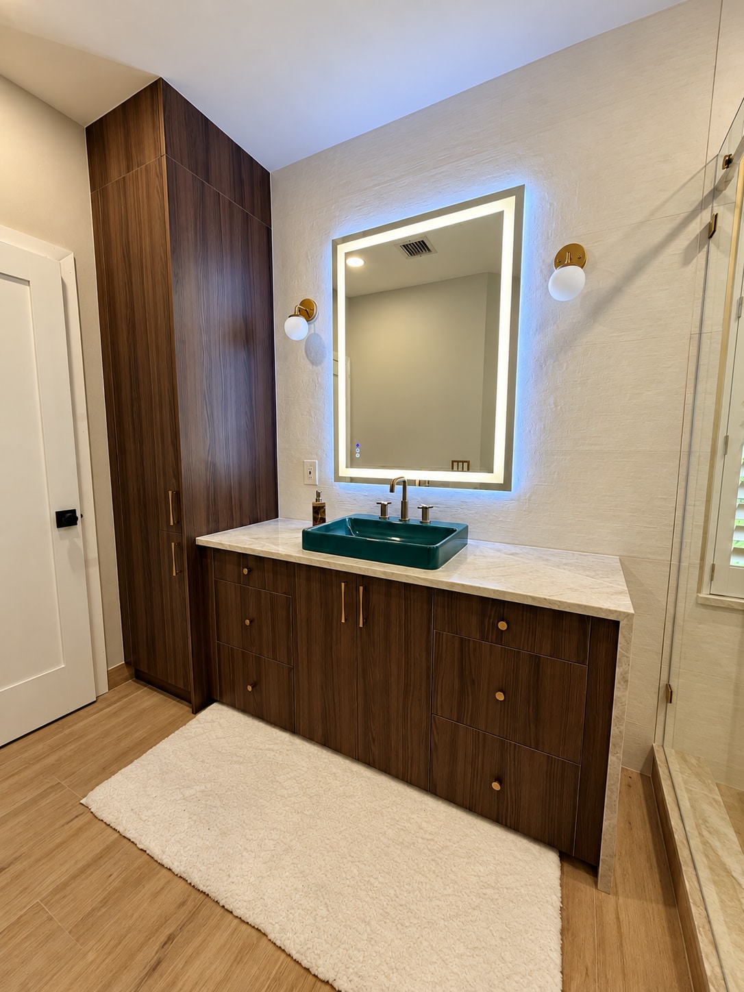 Wood vanity & green vessel sink