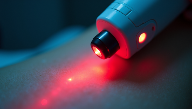 Close-up view of a Class 4 cold laser device emitting light during therapy session