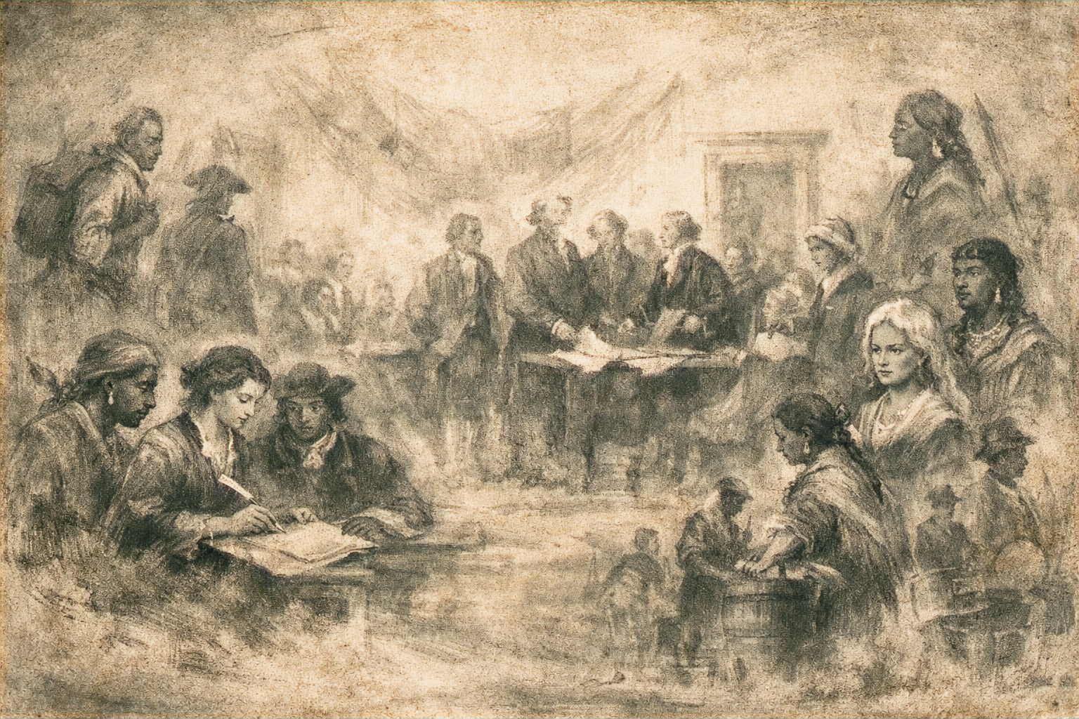 Reimagination of the signing of the Declaration of Independence with the  foremothers, African & Indigenous Patriots present