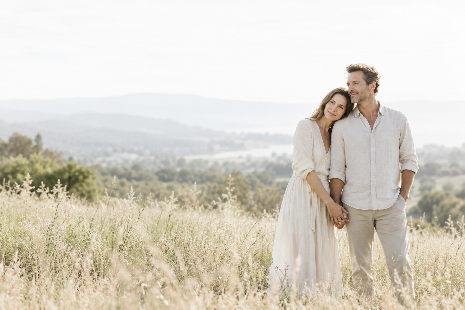 A couple leaning toward each other outdoors.