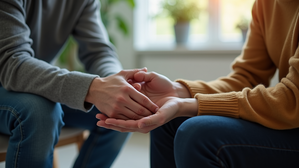 Eye-level view of a couple holding hands during a therapy session