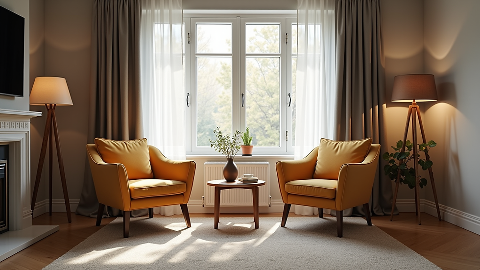 Eye-level view of a cozy living room with two chairs facing each other for conversation