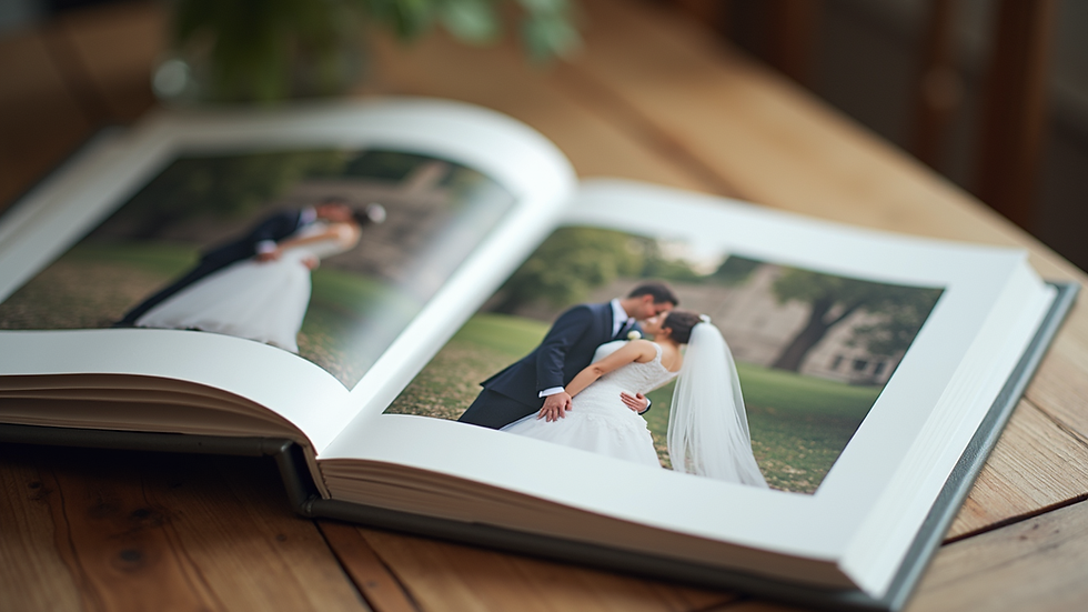 Close-up view of personalized photo album with wedding pictures