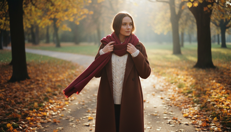 Medium shot of a woman adjusting a burgundy scarf with autumn leaves in the background