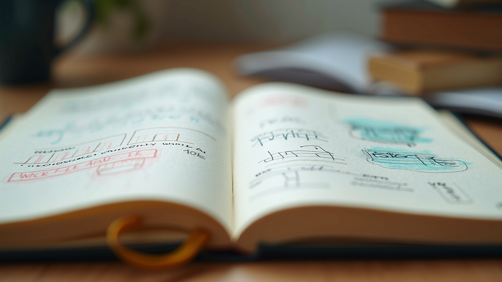 Eye-level view of an open journal with colorful handwritten notes and sketches