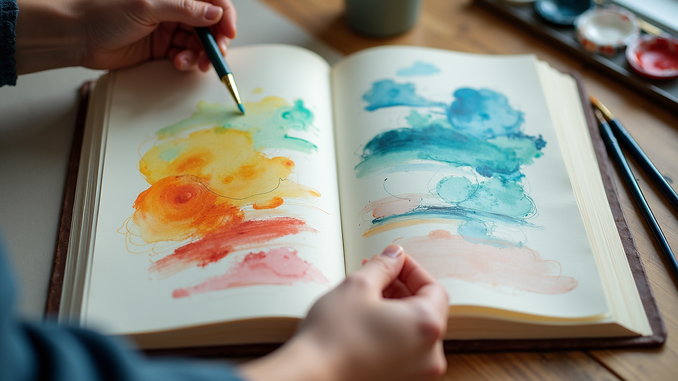 High angle view of an open sketchbook with colorful drawings and paint swatches