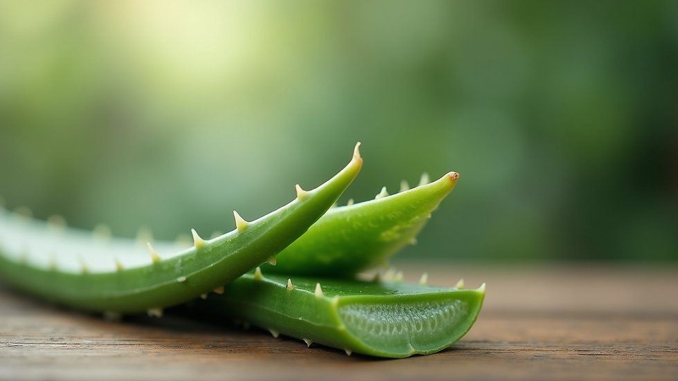 Eye-level view of fresh green aloe vera leaves on a wooden table