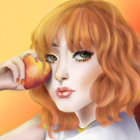 peach, digital portrait, painting, woman, fruit, orange, makeup