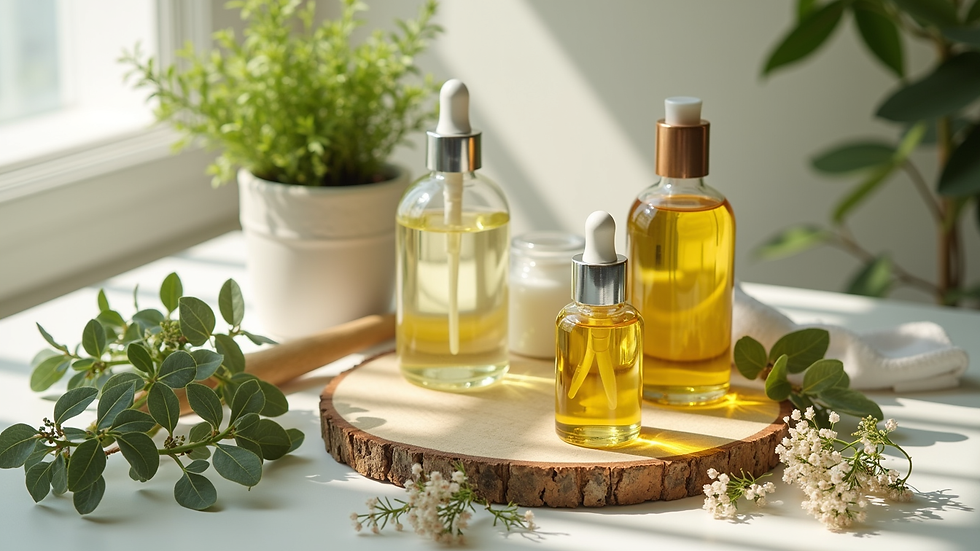 High angle view of a natural skincare setup with plants and oils