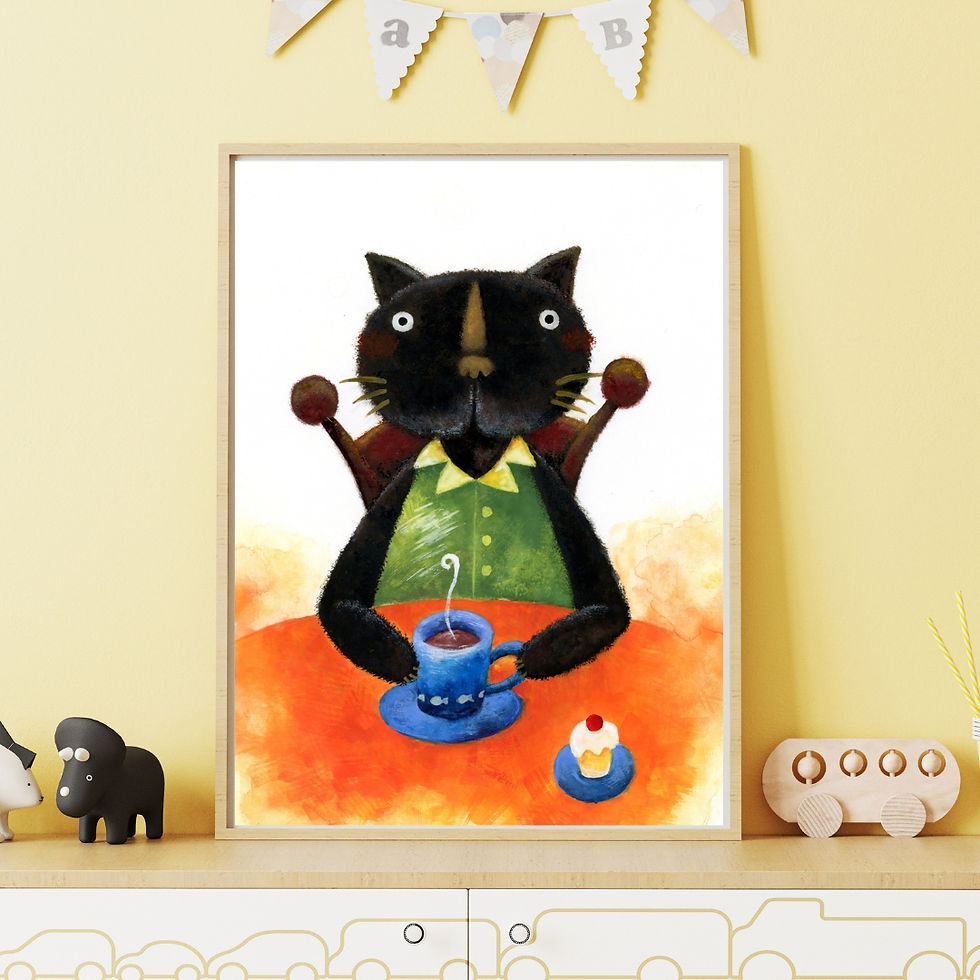 サムネイル： 日本水彩画 お茶する黒猫くん A4 A3 アートポスター