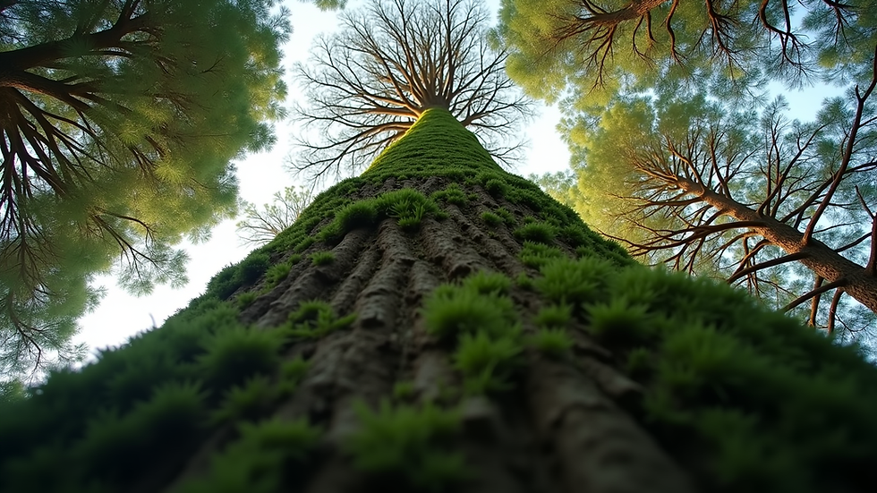 Eye-level view of a tall conifer tree in a London garden
