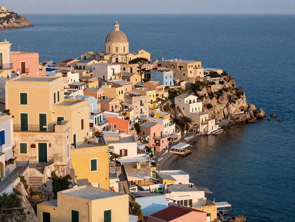 Procida luxury charter view of colorful coastal houses and sea