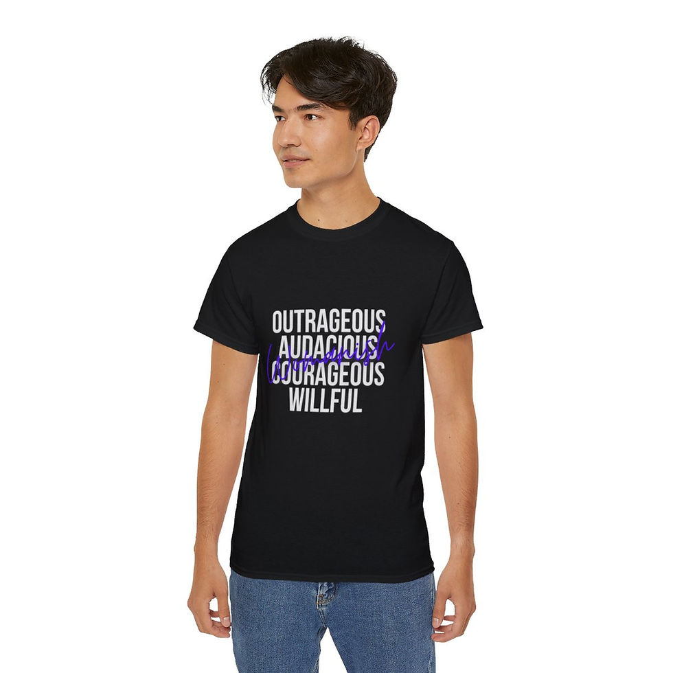 Thumbnail: Man wearing Outrageous Audacious Courageous willful t-shirt in black