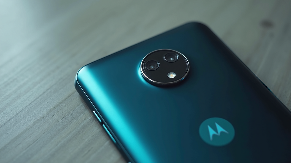 Close-up view of a Motorola smartphone showcasing its sleek design and camera features