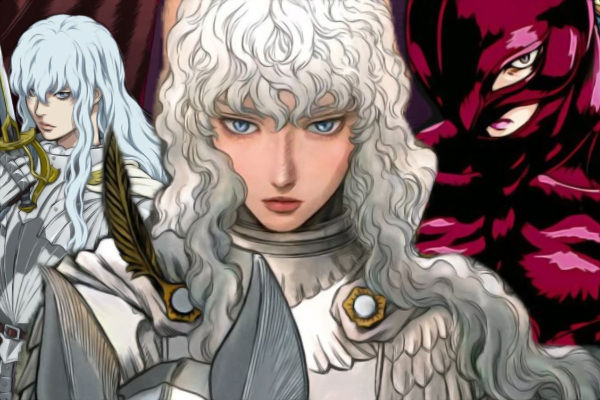 Griffith personaggio Berserk, manga di Kentaro Miura, con alle spalle Phemt.