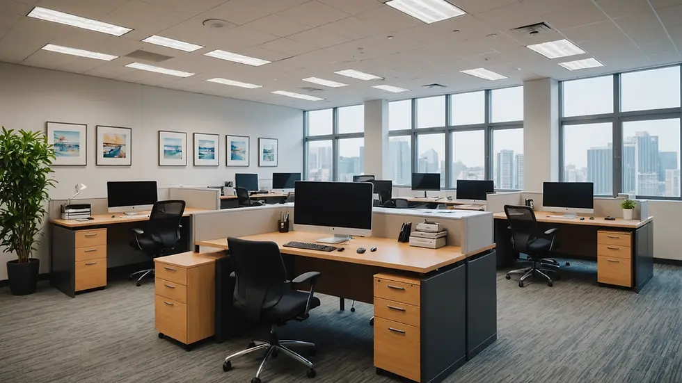 Wide angle view of a professional office environment with insurance resources