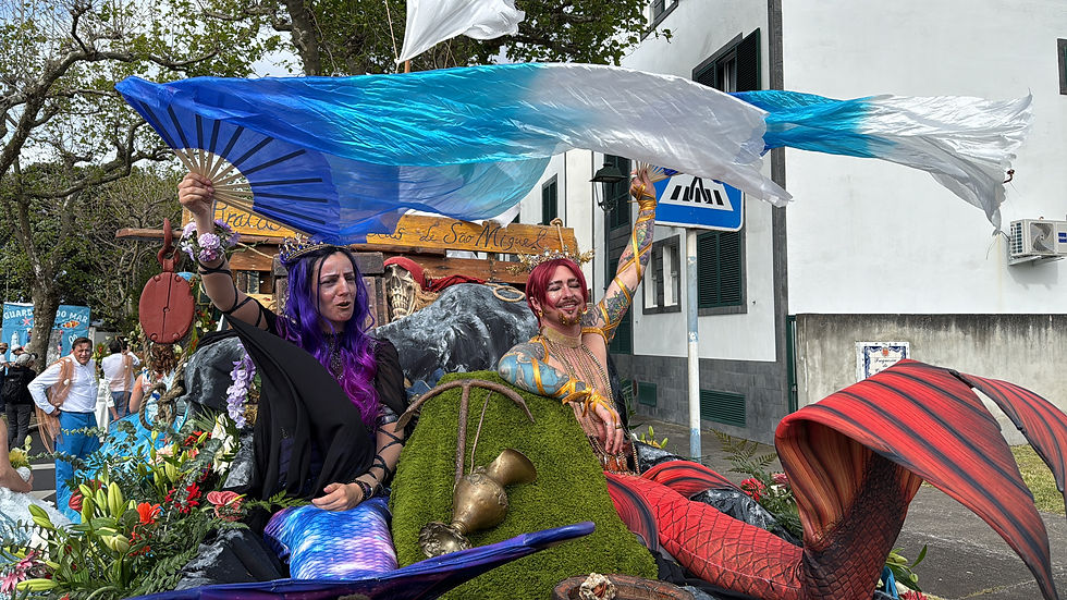 Ana the mermaid & Oliver the merman on the float for the Ribeira Grande Flower Festival