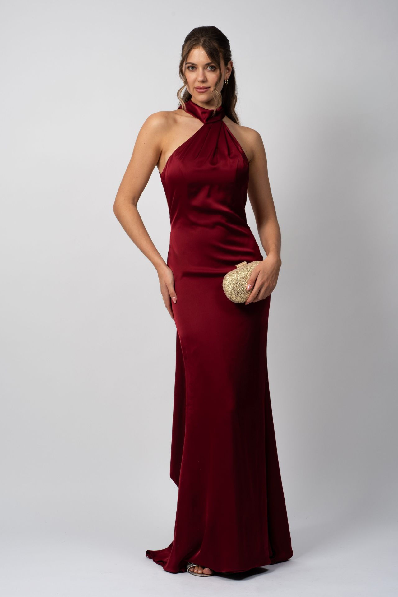 Amber Satin High-Neck Halter Evening Dress