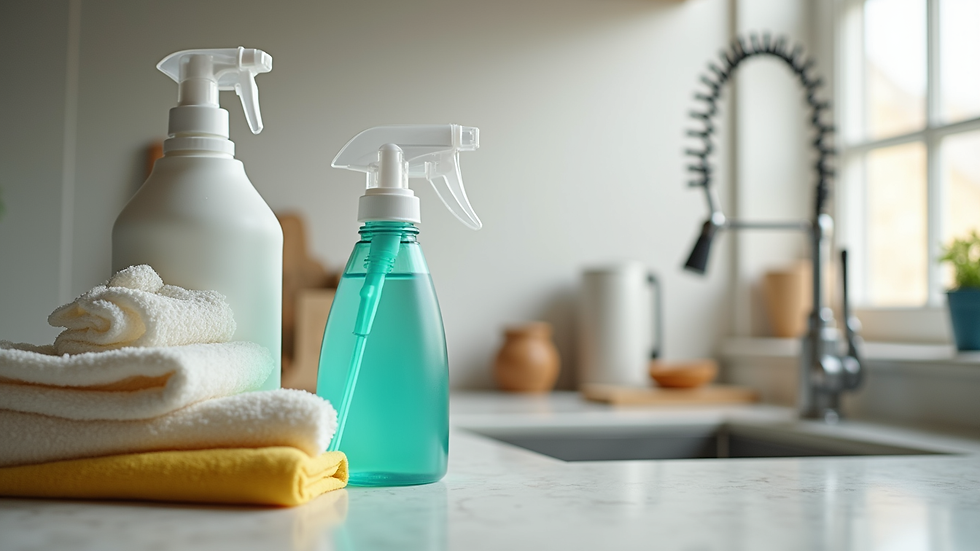 Close-up view of cleaning supplies on a kitchen counter