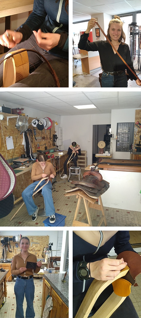 Deux stagiaires en sellerie artisanale travaillent le cuir dans un atelier de fabrication et réparation de selles
