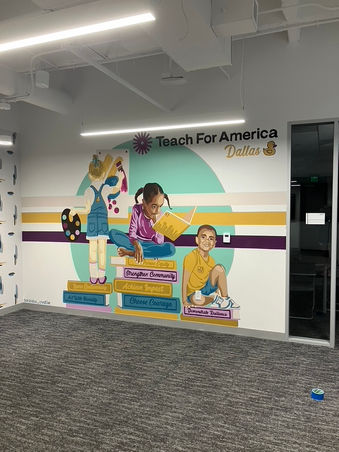 Education mural of children reading and standing on books at Teach For America in Dallas