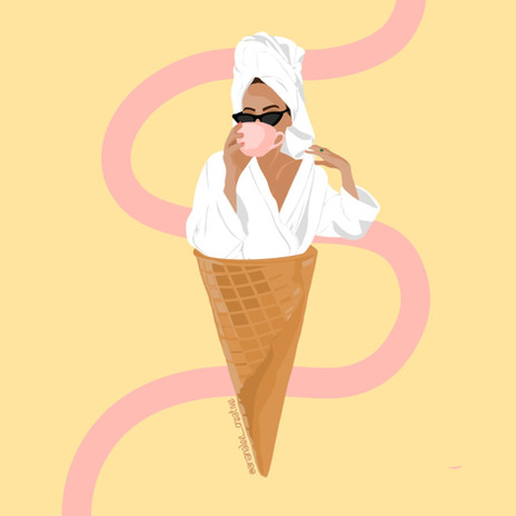 Ariana Lee Creative fashion illustration of a woman drinking coffee and loving icecream