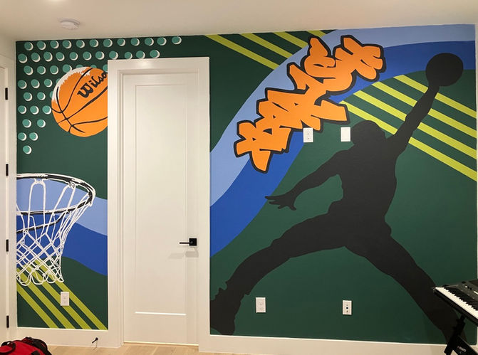 Colorful basketball mural in bedroom