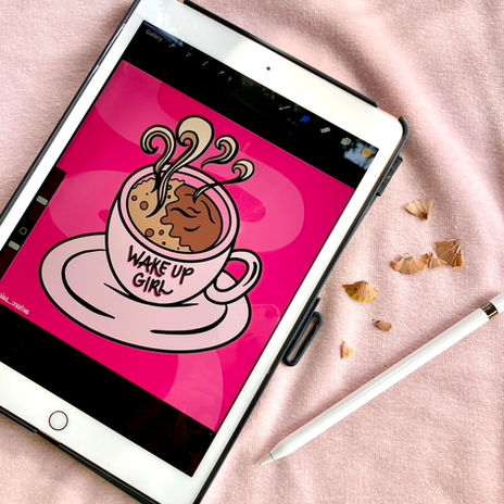 Ariana Lee Creative digital illustration of a coffee cup that says "wake up girl"