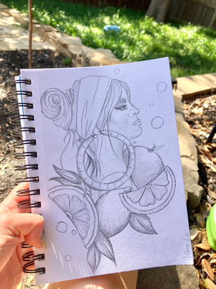 Ariana Lee Creative sketchbook page of a beautiful young woman surrounded by citrus fruit