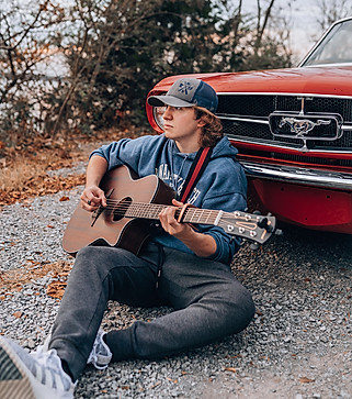 Senior Photo with Guitar and Vintage Mustang
