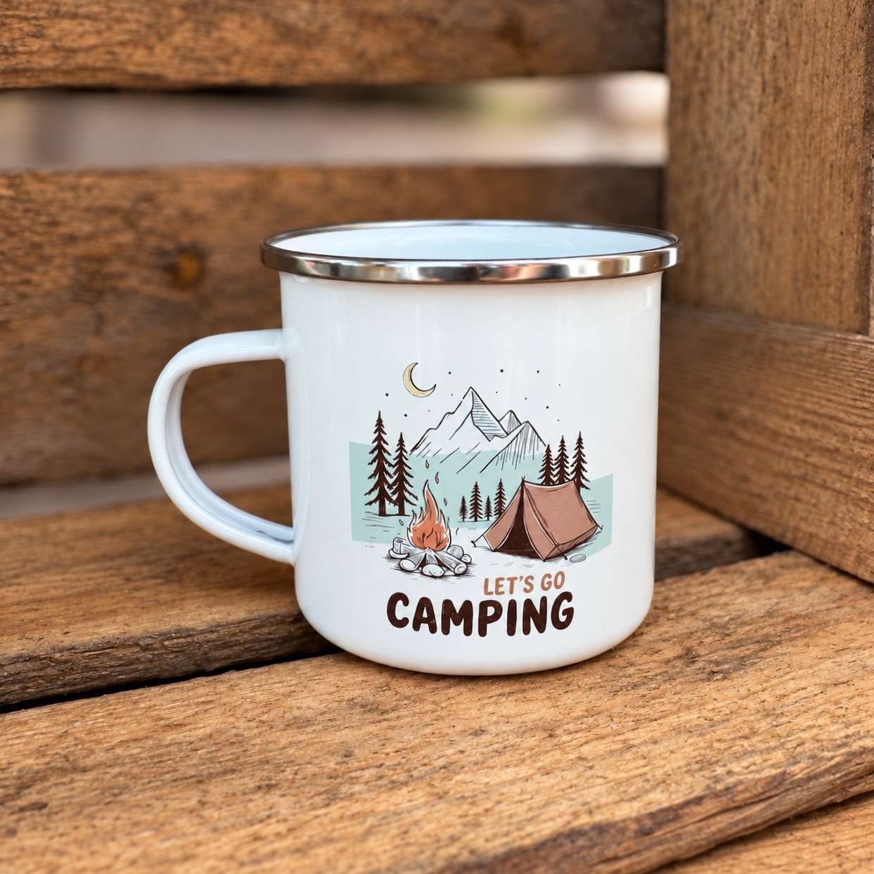 Emaljekrus med campingmotiv