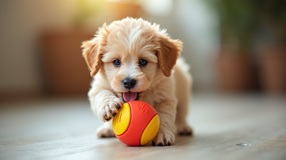 Eye-level view of a Mini Poodle puppy playing with a colorful toy