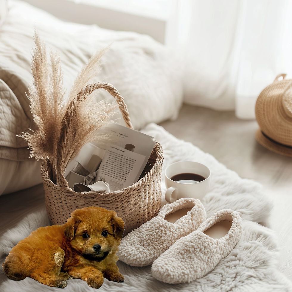 Eye-level view of a cozy puppy corner with a bed, toys, and a water bowl