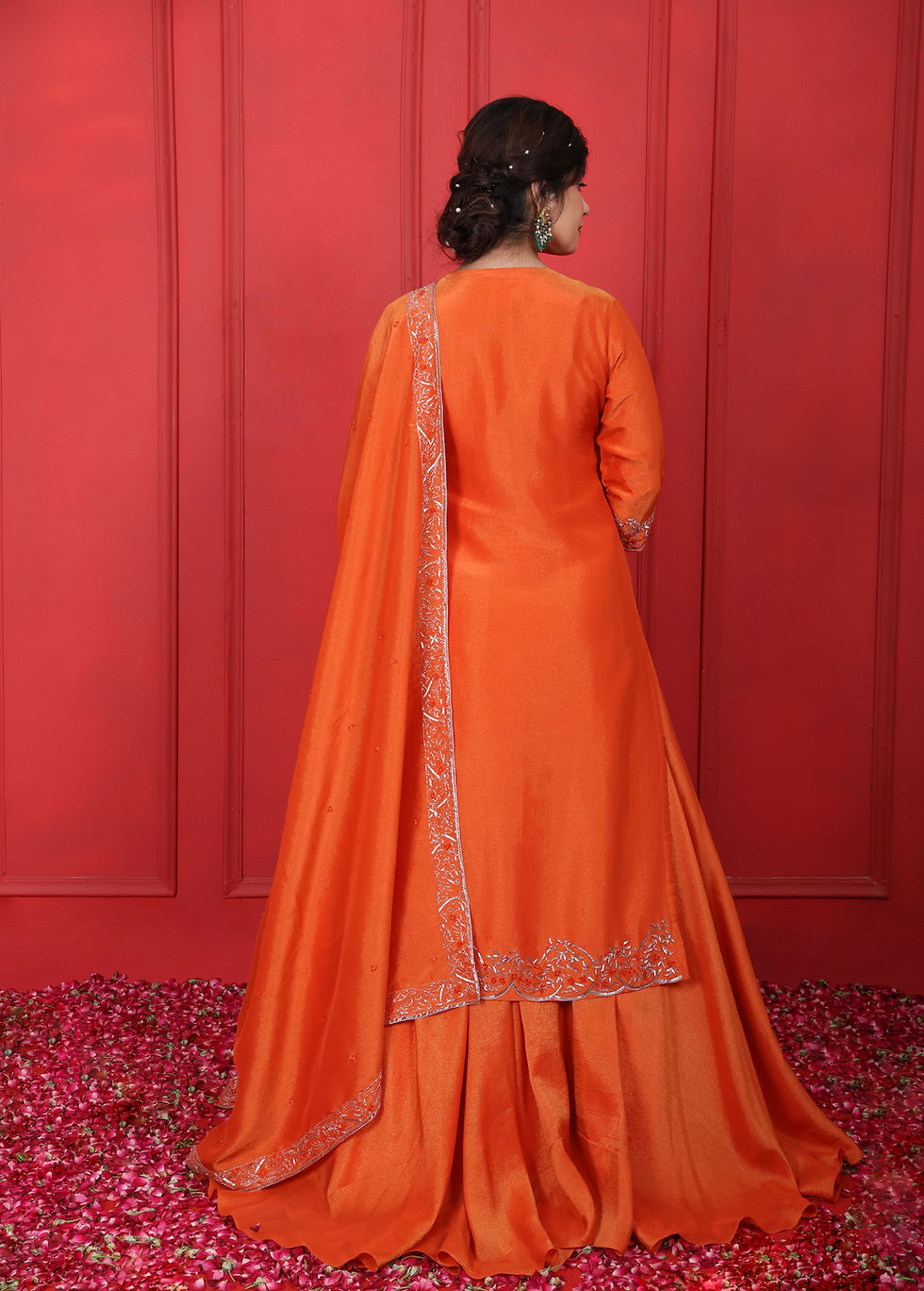 Thumbnail: Hand Embroidered Round Neck V-Cut Kurta Lehenga Set