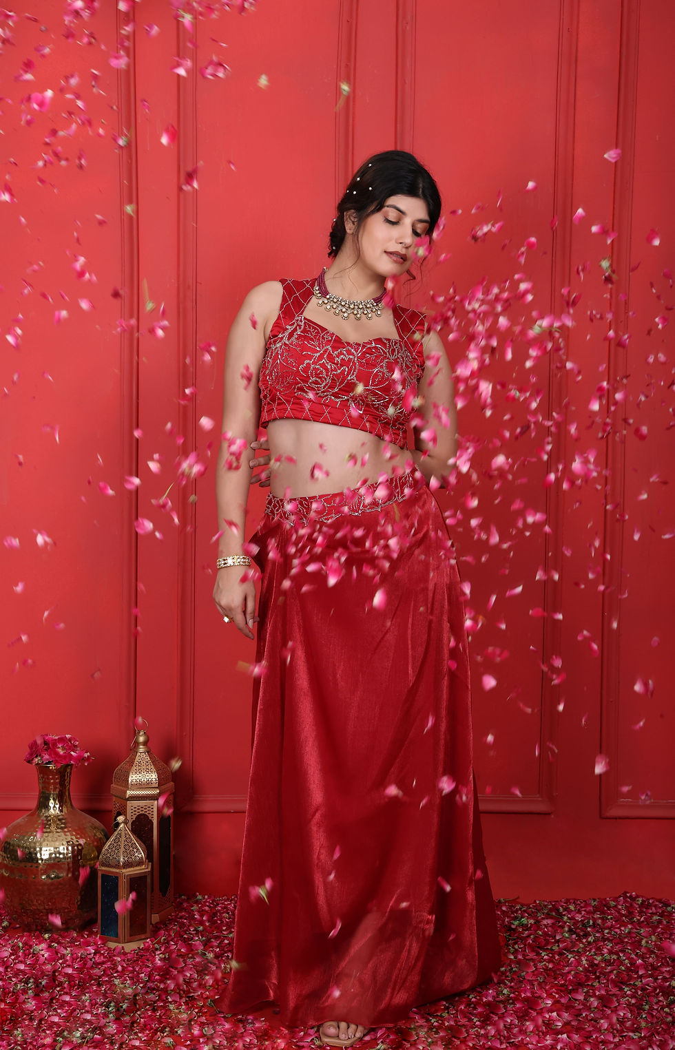 Thumbnail: Cornell Red Choli With Drape Skirt Set